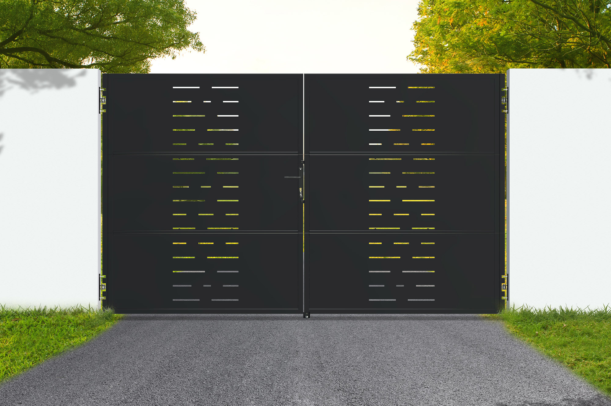 Puerta de acero negro mate nali arlberg de 3 m, 180 cm de altura.