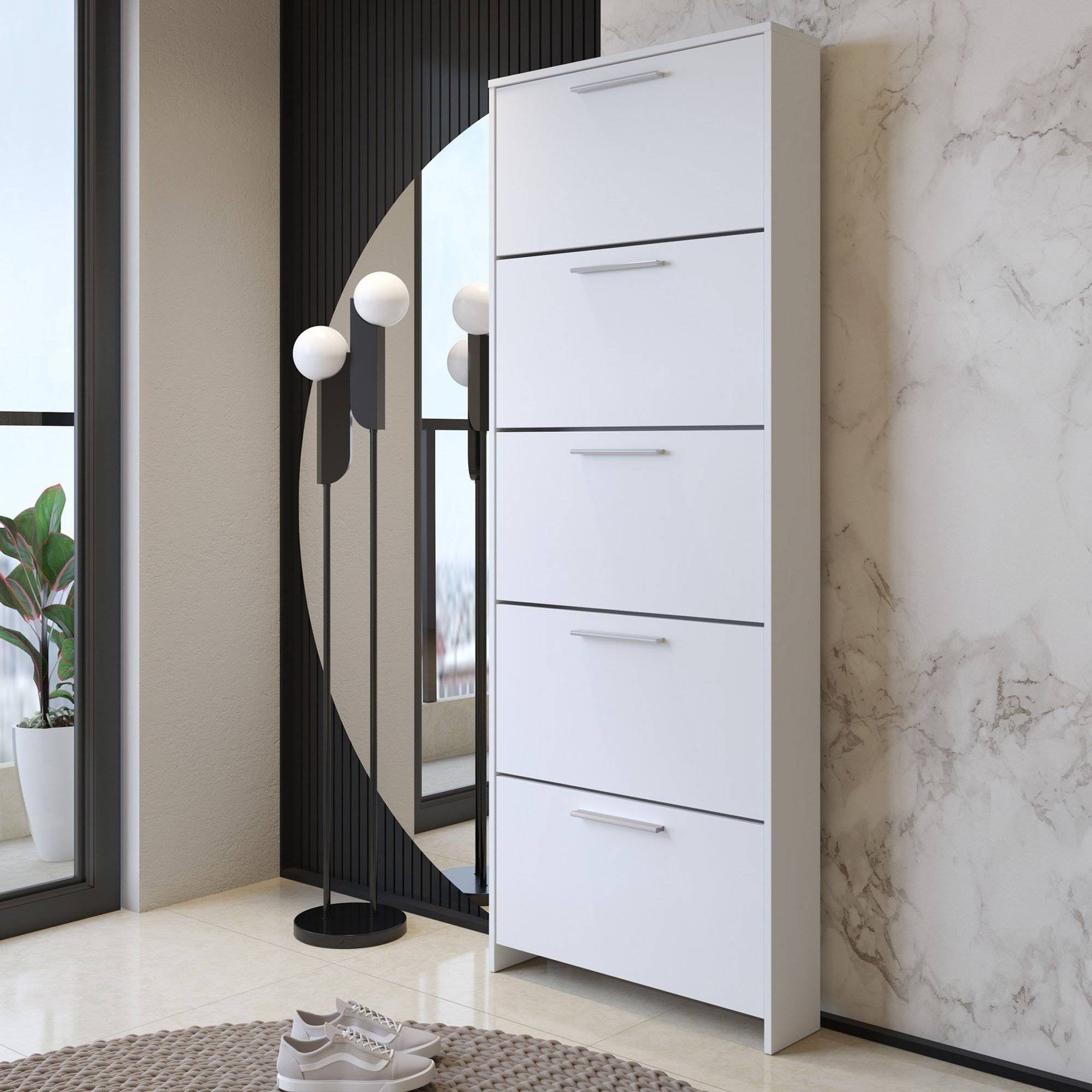 Zapatero campania, 5 compartimentos, madera blanca 69x17x187h cm