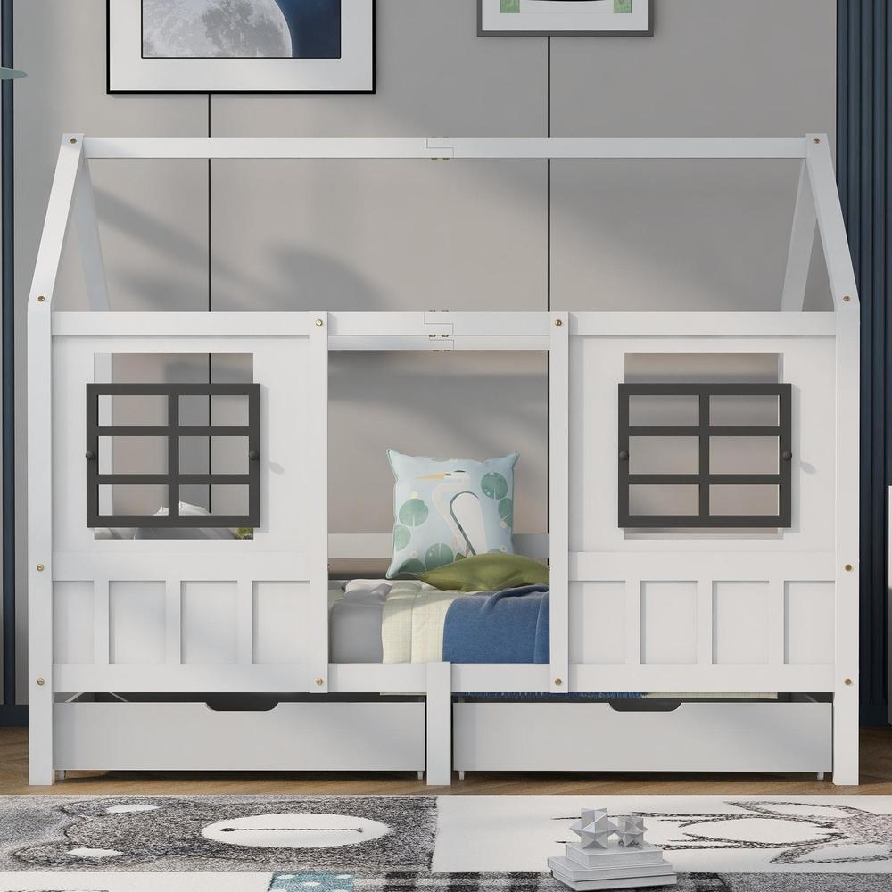 Cama infantil 90x200cm con ventanas y cajones blanca