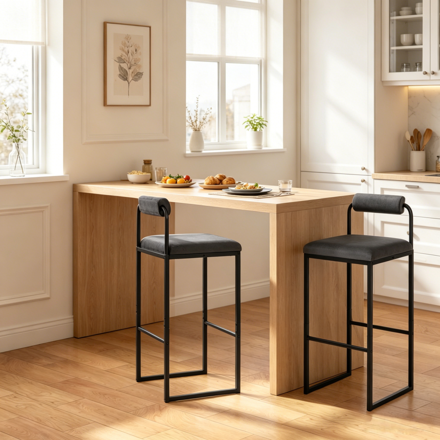 Taburete de cocina de terciopelo gris oscuro con respaldo set de 2