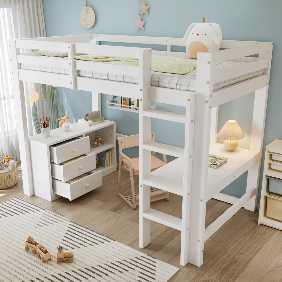 Cama alta 90x200 cm con escritorio y almacenaje madera mdf