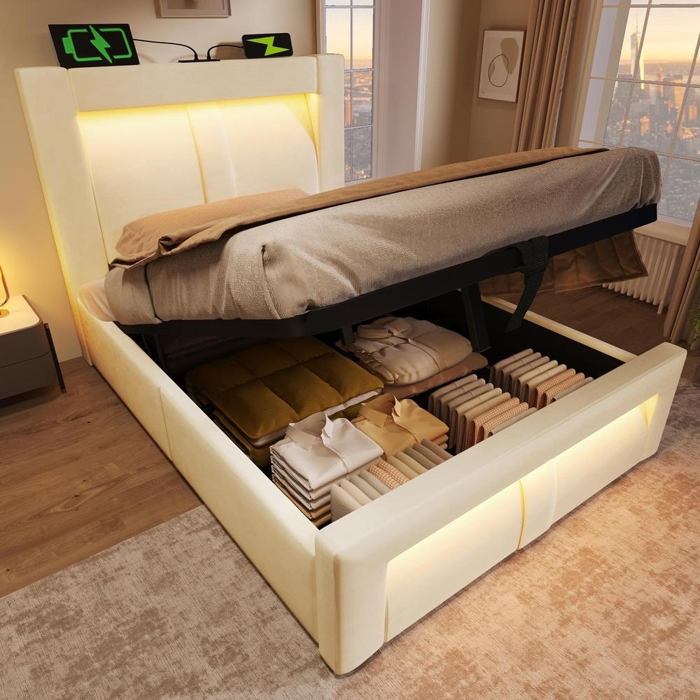 Cama 90x200cm con almacenaje hidráulico, usb type-c y LED, beige