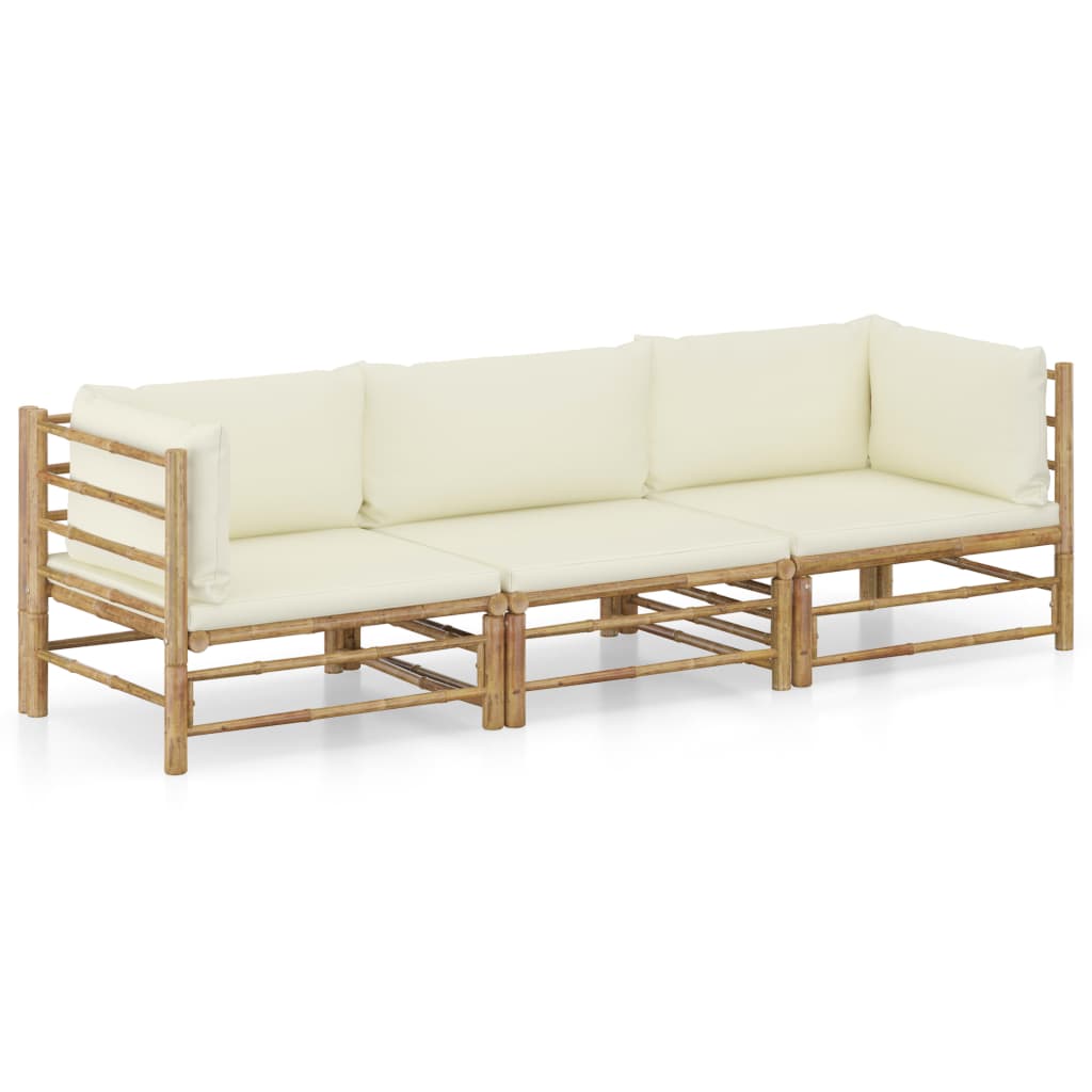 vidaXL set de muebles de jardín 3 piezas bambú y cojines blanco crema