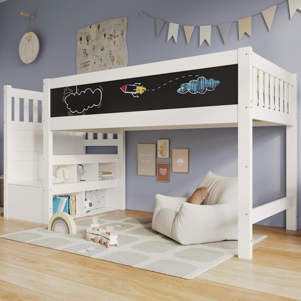 Cama alta infantil blanca 90x200cm con pizarra, escalera y barandilla