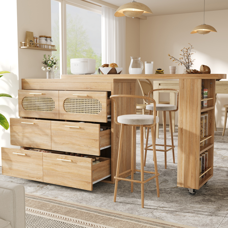 Mesa alta giratoria extensible con 6 cajones mdf natural 90x128-203x39cm