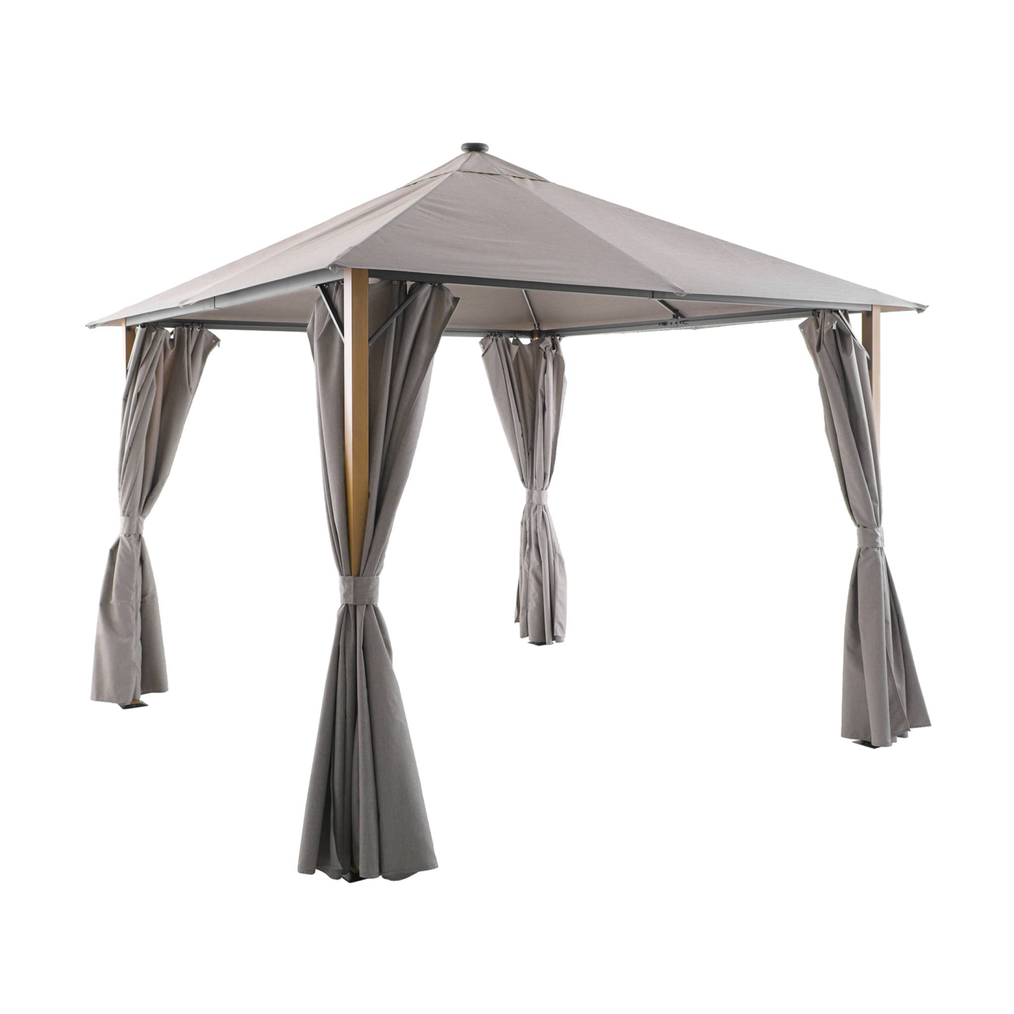 Gazebo de jardín 3x3m de aluminio efecto madera con cortinas y LED beige