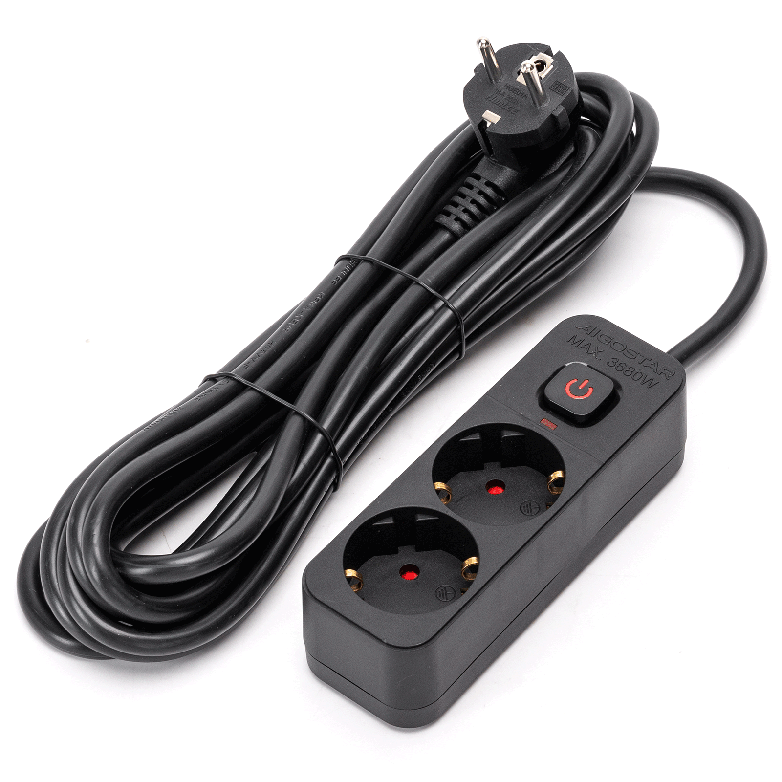 Aigostar regleta 2 enchufes, alargador 5m con interruptor, negro