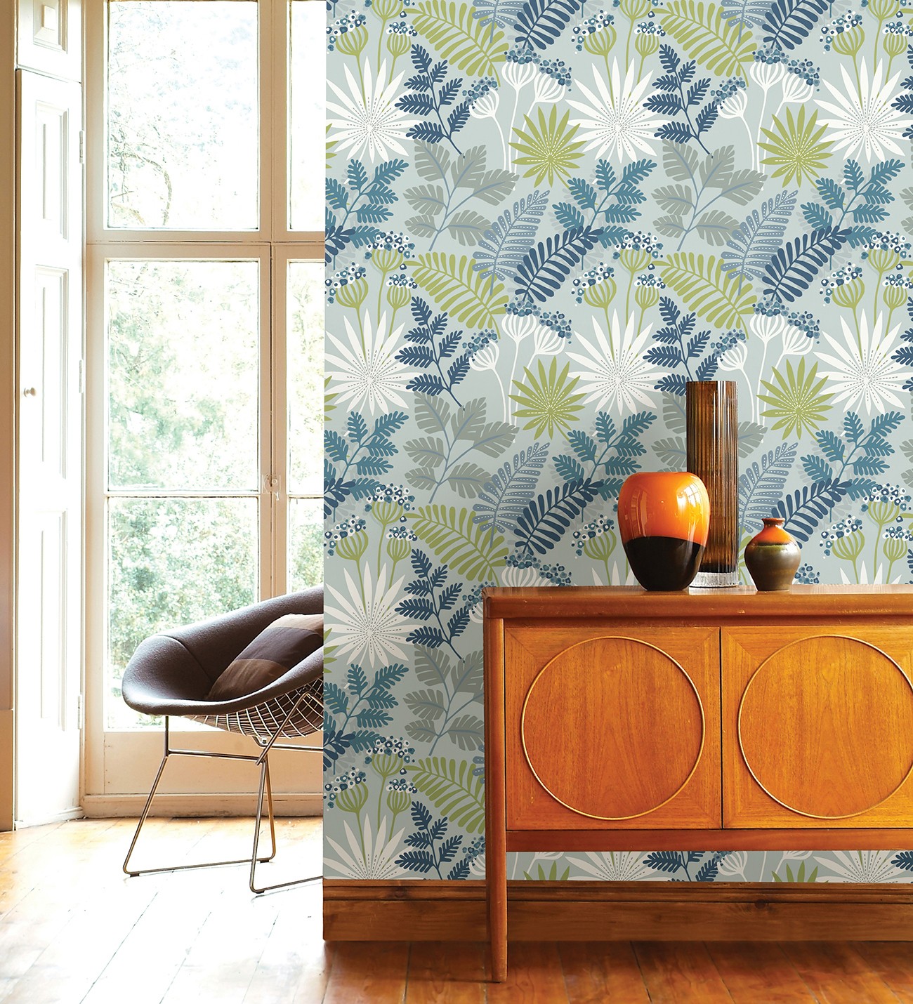 Papel pintado gaulan de flores y hojas azul y 5.23m²