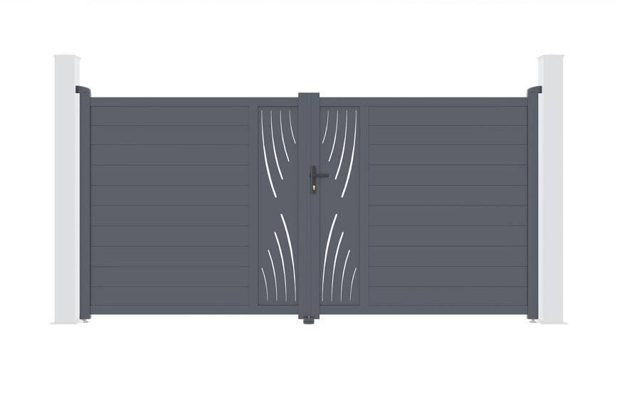 Puerta batiente regulable ancho 3,5m veleta h.180cm aluminio gris