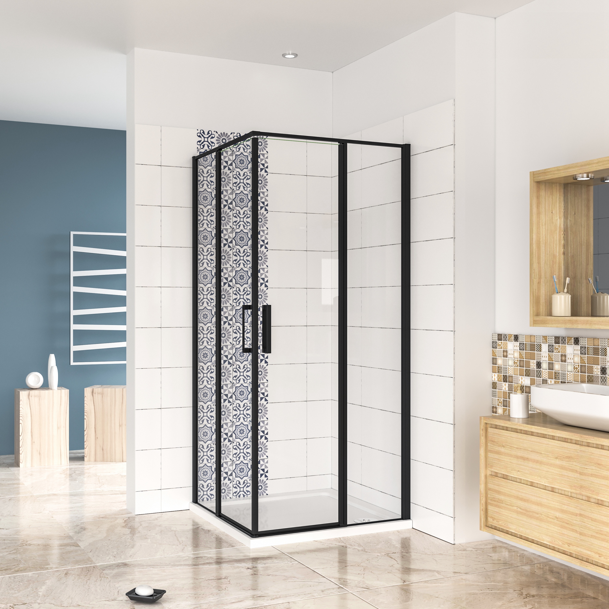 Mampara de ducha rectangular abatible giratoria,negro mate,900x800x1850mm