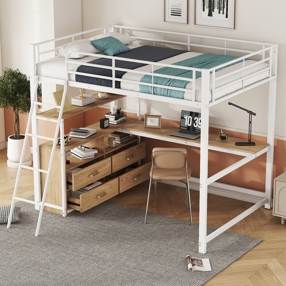 Cama alta juvenil 140x200cm con escritorio en l cajones, metal y mdf blanco