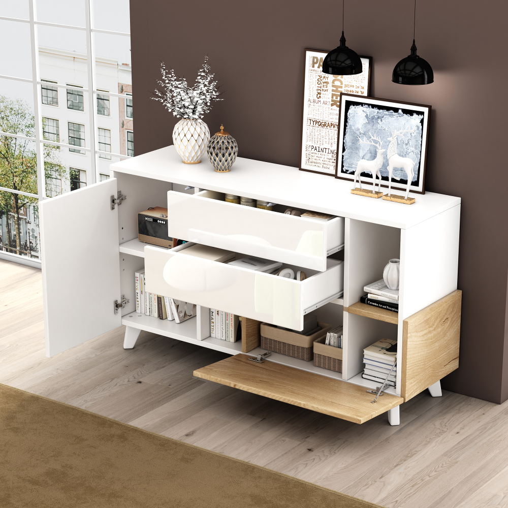 Aparador salón/comedor 2 puertas 2 cajones blanco+roble 70x130x40cm