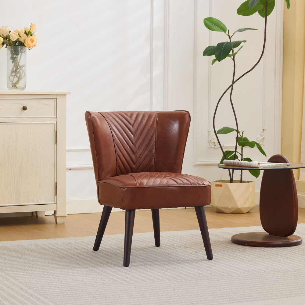 Sillón individual cuero marrón sin brazos con base de madera