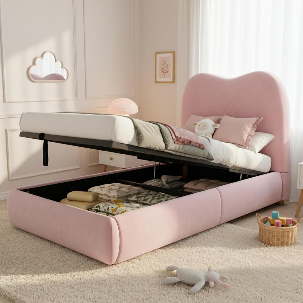 Cama tapizada 90x200 cm con almacenaje terciopelo – color rosa