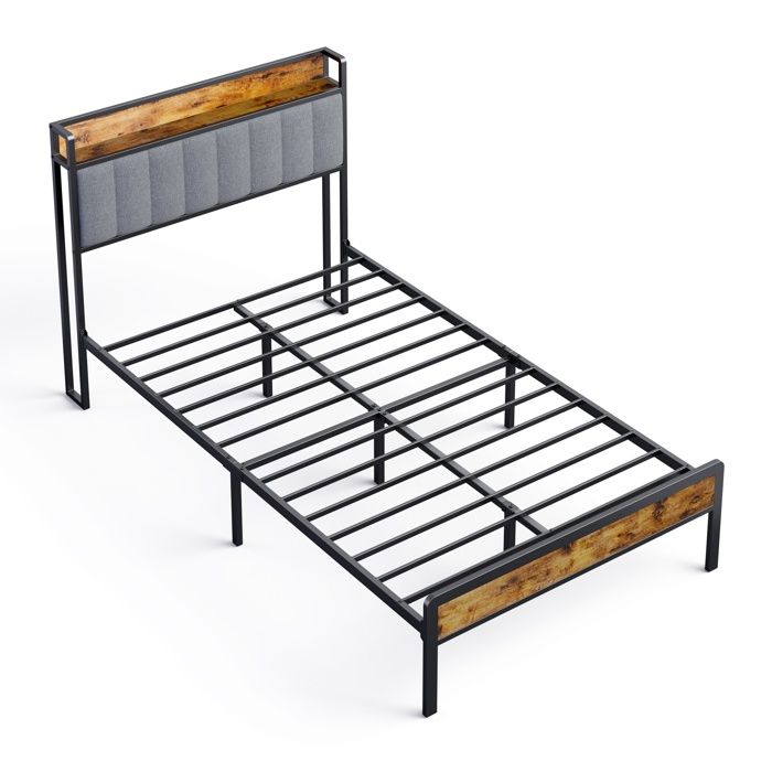 Cama tapizada de metal negro gris - somier - 120 x 200 cm