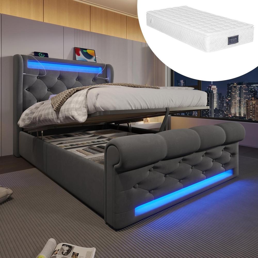 Cama individual 90x200cm, cabecero con almacenamiento, gris