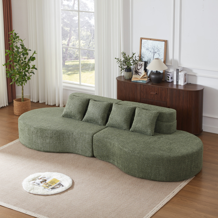 Sofá modular de 2 piezas en chenilla verde curvo con fundas desenfundables