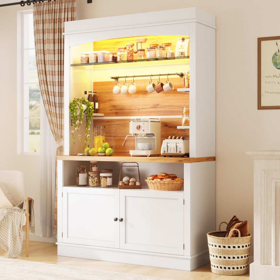 Armario alto para cocina con luz LED y balda de cristal blanco 184x107x34cm