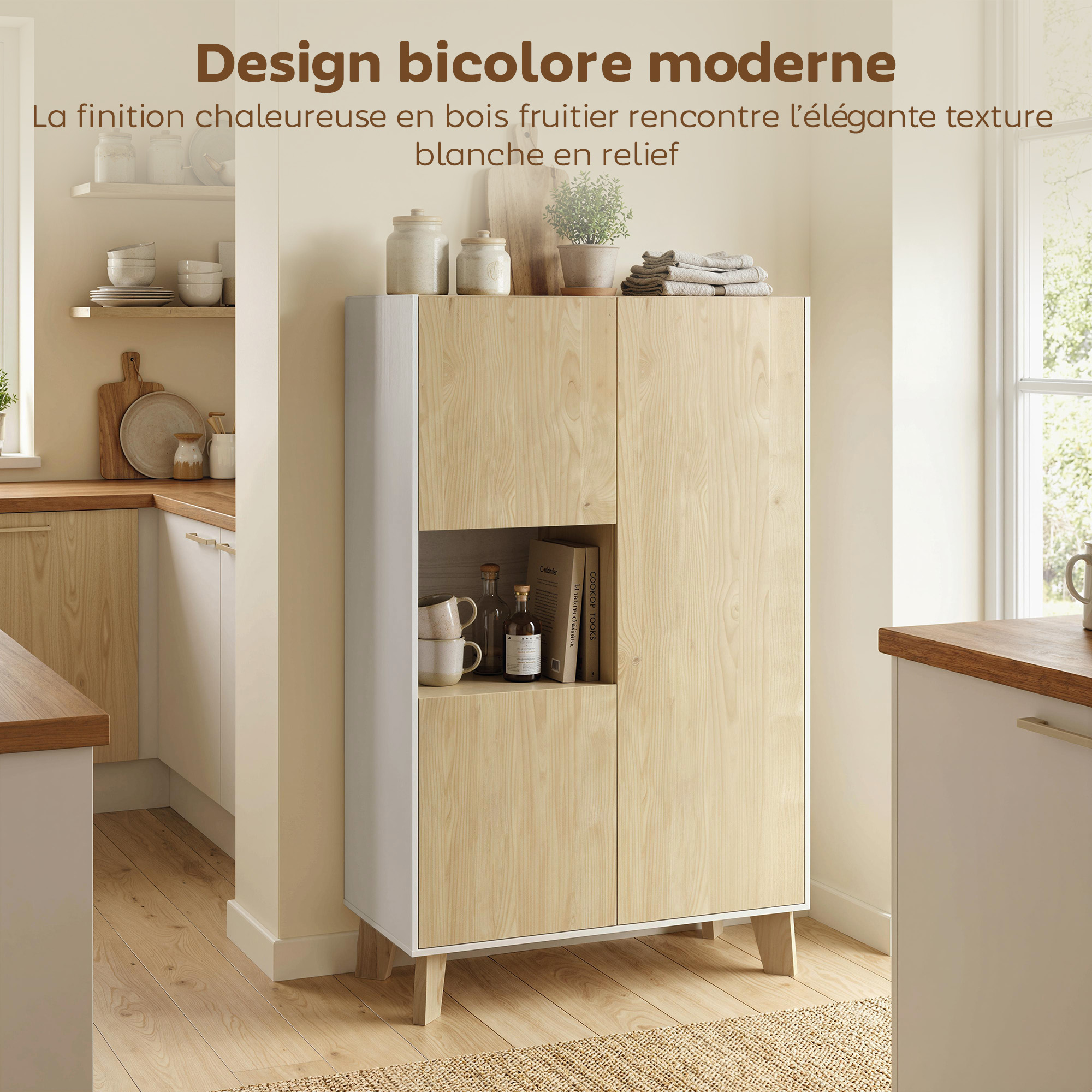 Aparador tablero de partículas blanco y madera natural 80x40x135 cm