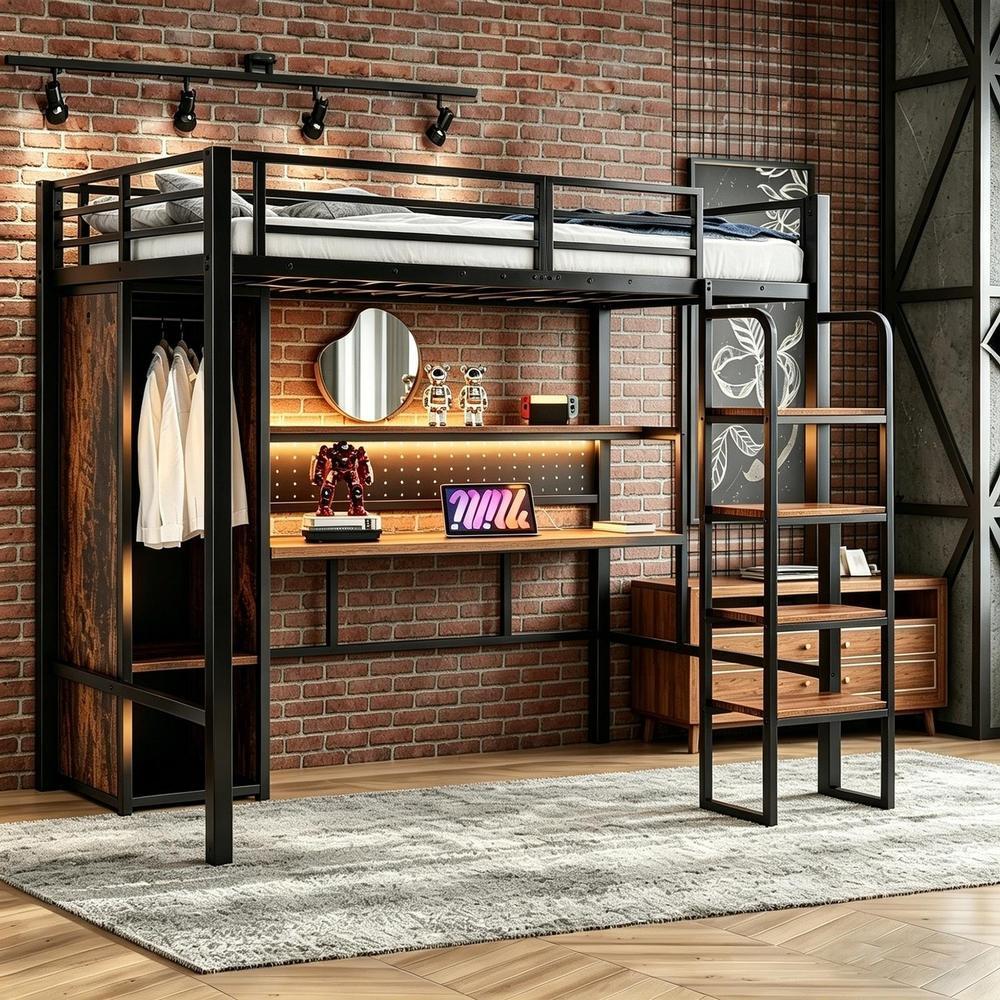 Cama loft 90x200cm con escalera, escritorio, LED multicolor, negro
