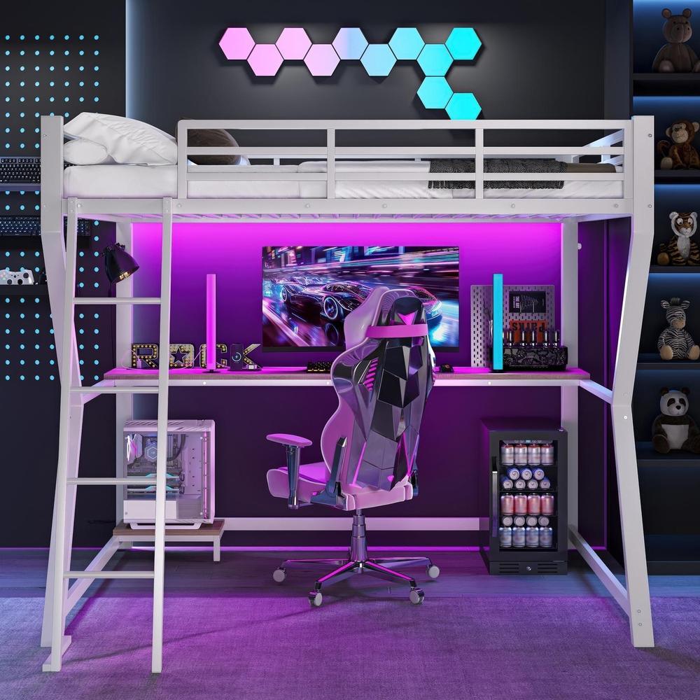 Cama alta 90x200 cm con escritorio gaming LED, usb y escalera, blanca