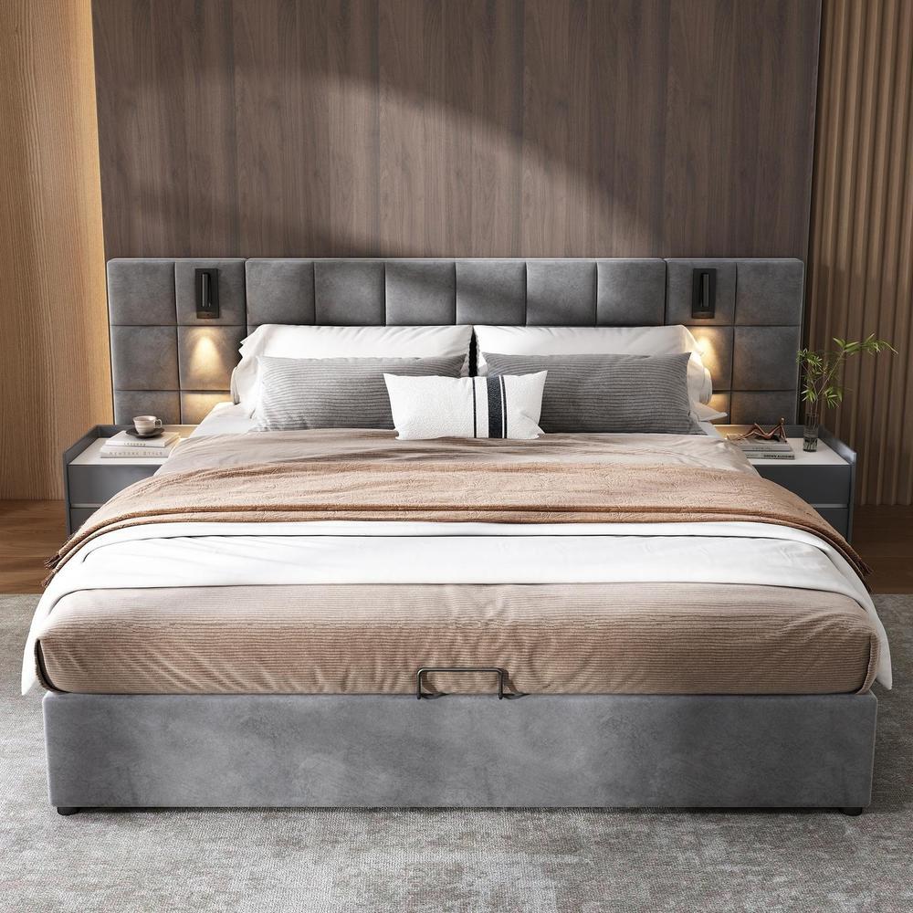 Cama con arcón 180x200cm, lámpara de lectura, usb,somier de lamas gris
