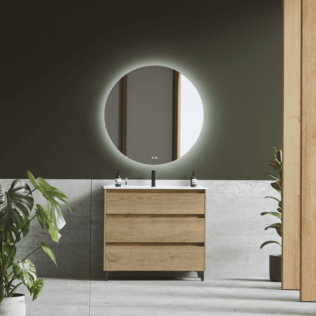 Mueble baño a suelo |lavabo cerámico |patas negro 3 cajones |60 cm roble
