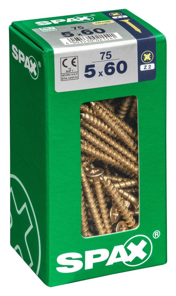 Caja 75 uds. Tornillo madera spax cab. Plana yellox 5,0x60mm