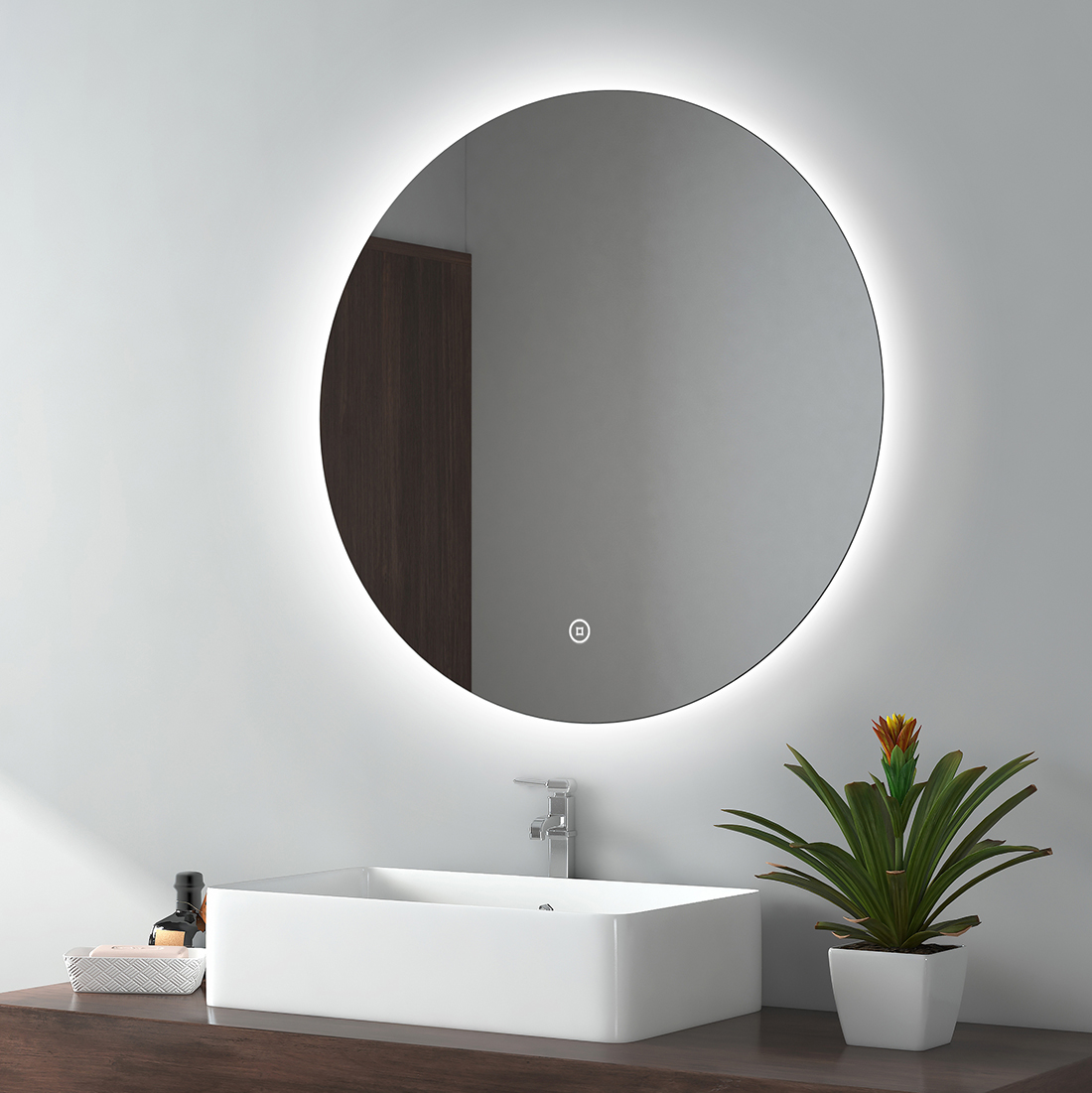 Emke espejo baño LED redondo 70cm, 3 tonos de luz, táctil, regulable