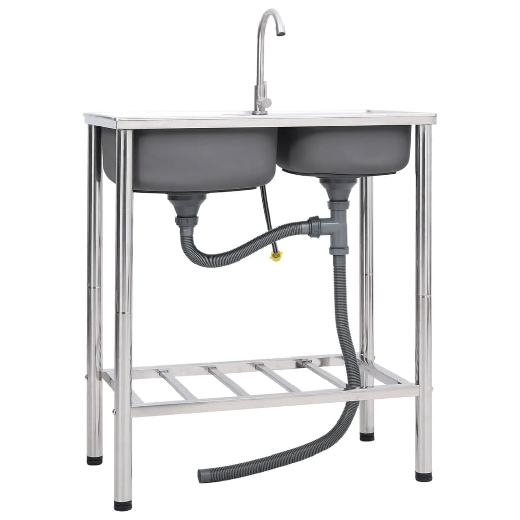 vidaXL fregadero de camping doble seno y grifo acero inoxidable