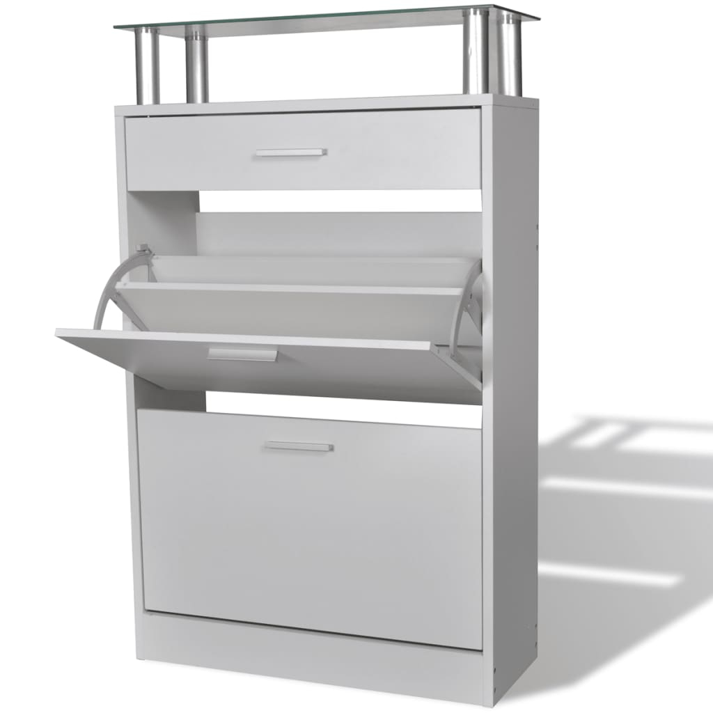 vidaXL zapatero con cajón y estante superior de vidrio blanco