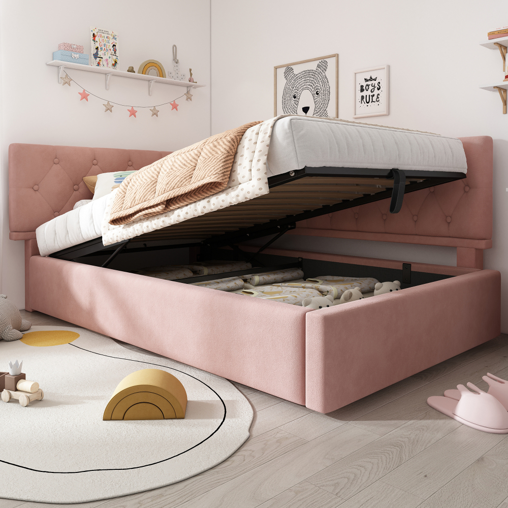 Cama simple 90x200cm con canapé hidráulico en terciopelo – rosa