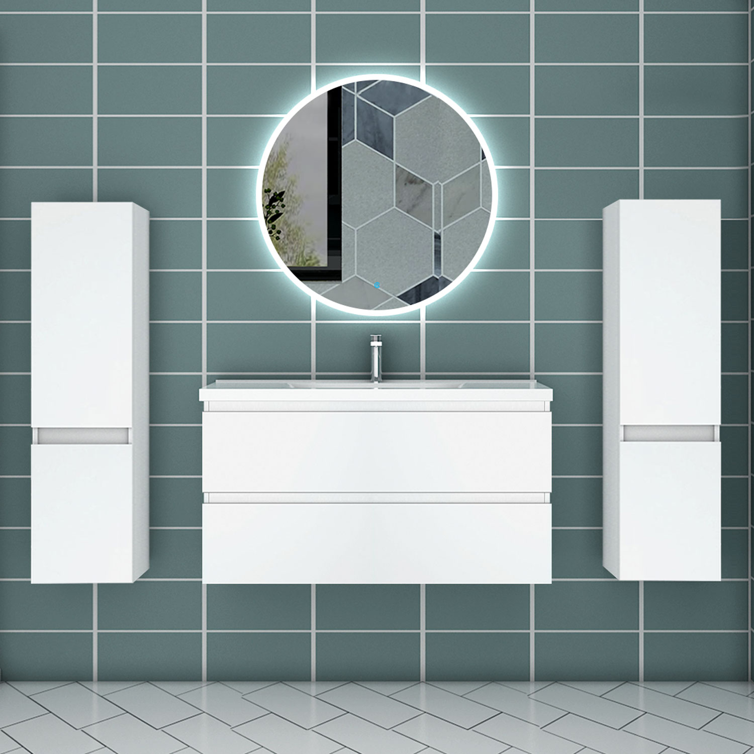 Mueble de baño aica 99×44,5cm,blanco con espejo y armario lateral