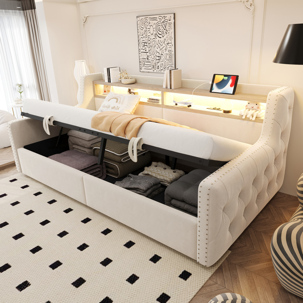 Sofá cama 90x200cm con canapé y respaldo, LED y usb terciopelo beige