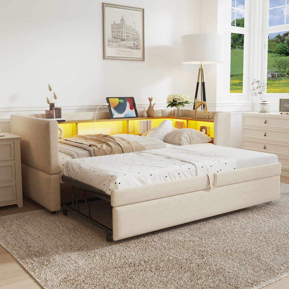 Cama nido 90/180x190cm con LED, enchufes y almacenaje franela beige