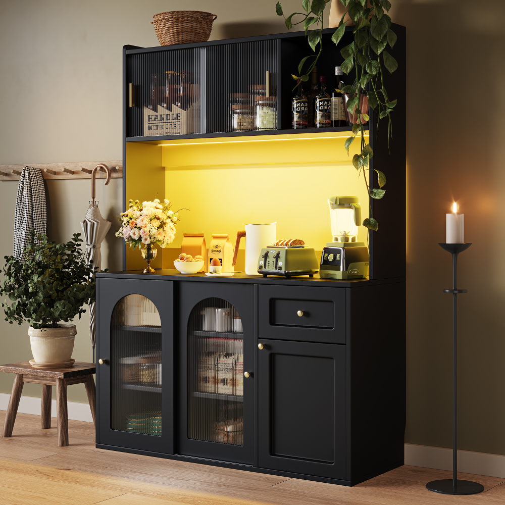 Alacena de cocina, vitrina con LED 2 puertas cajones negro 167x120x35cm