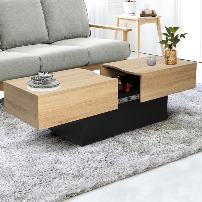 Mesa baja deslizante negra efecto haya - 120-171 x 50 x 43 cm