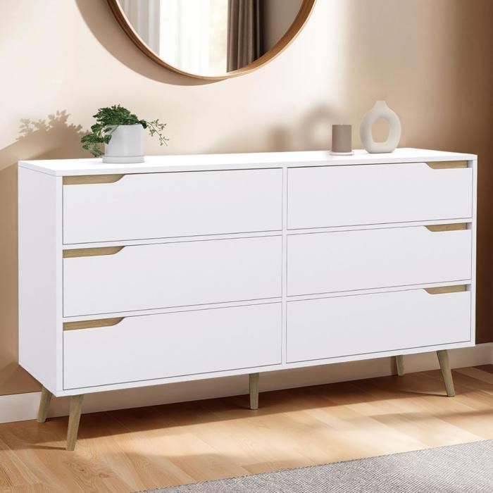 Cómoda escandinava de 6 cajones blanca de madera - 140 cm
