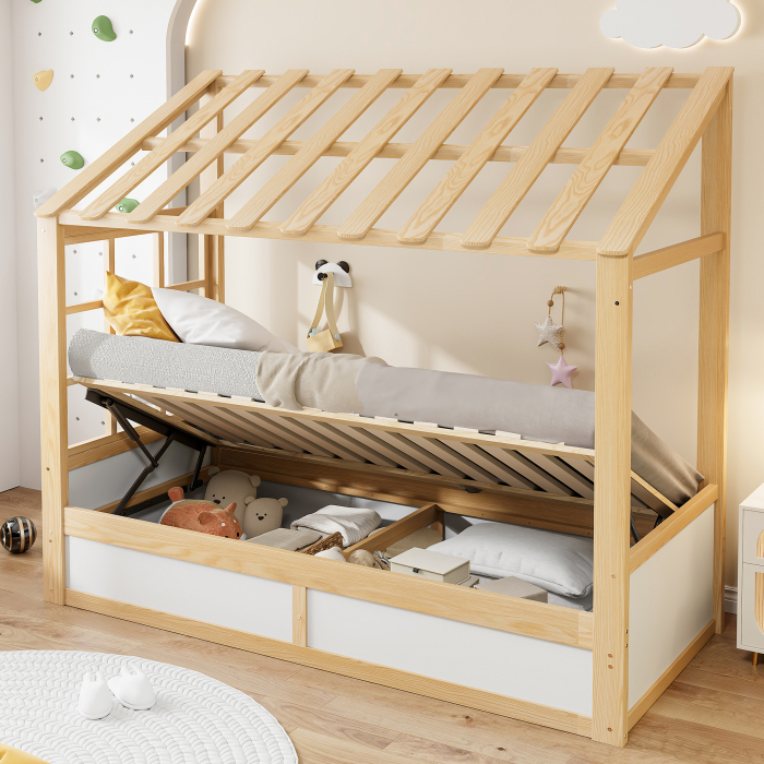 Cama infantil 90x200cm con techo y almacenaje madera – blanco natural