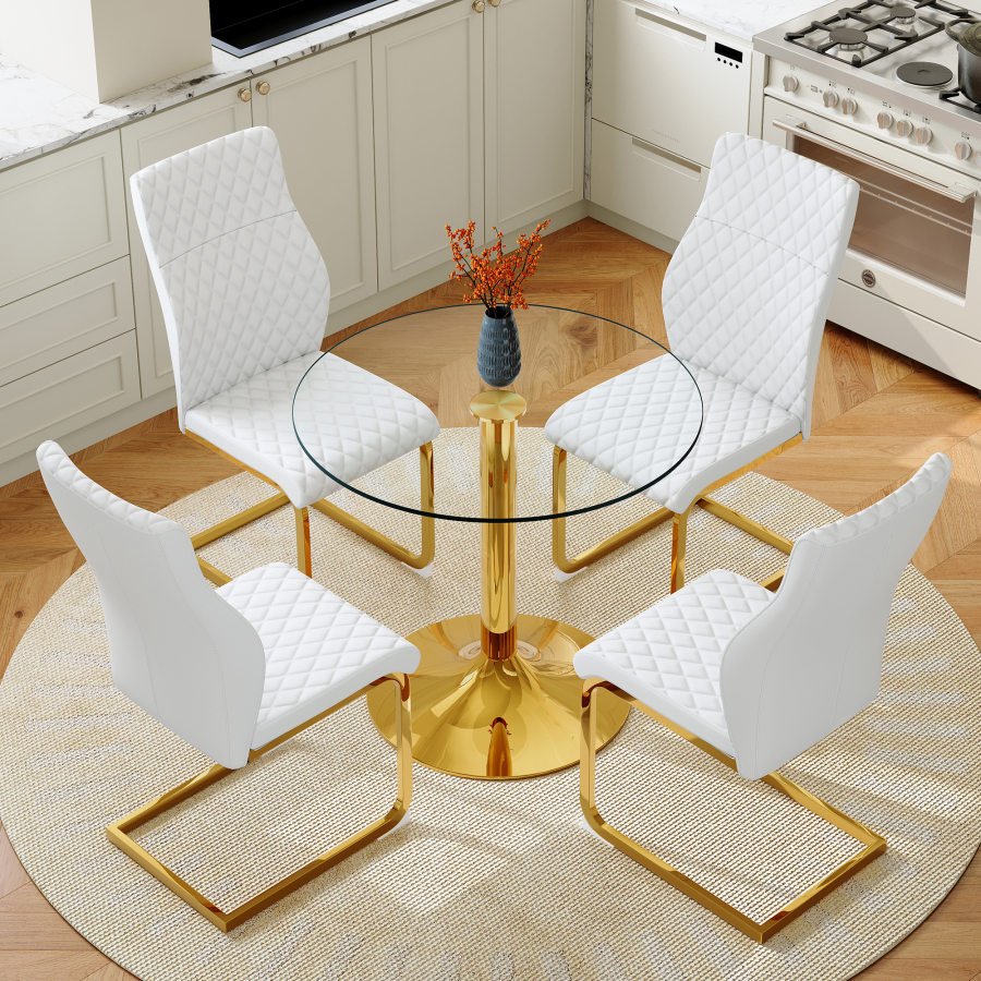 Mesa redonda cristal templado con 4 sillas blanco dorado 76x85x85cm