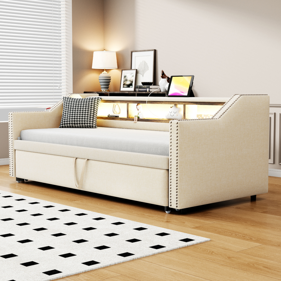 Sofá cama 90/180x190cm extensible LED usb almacenaje 2 colchones beige