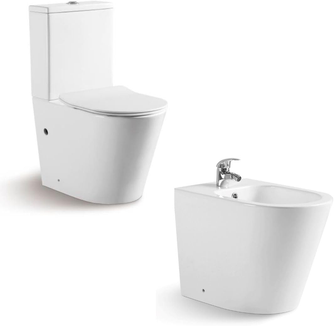 Pack inodoro bidet sistema rimless tapa dura amortiguada salida dual