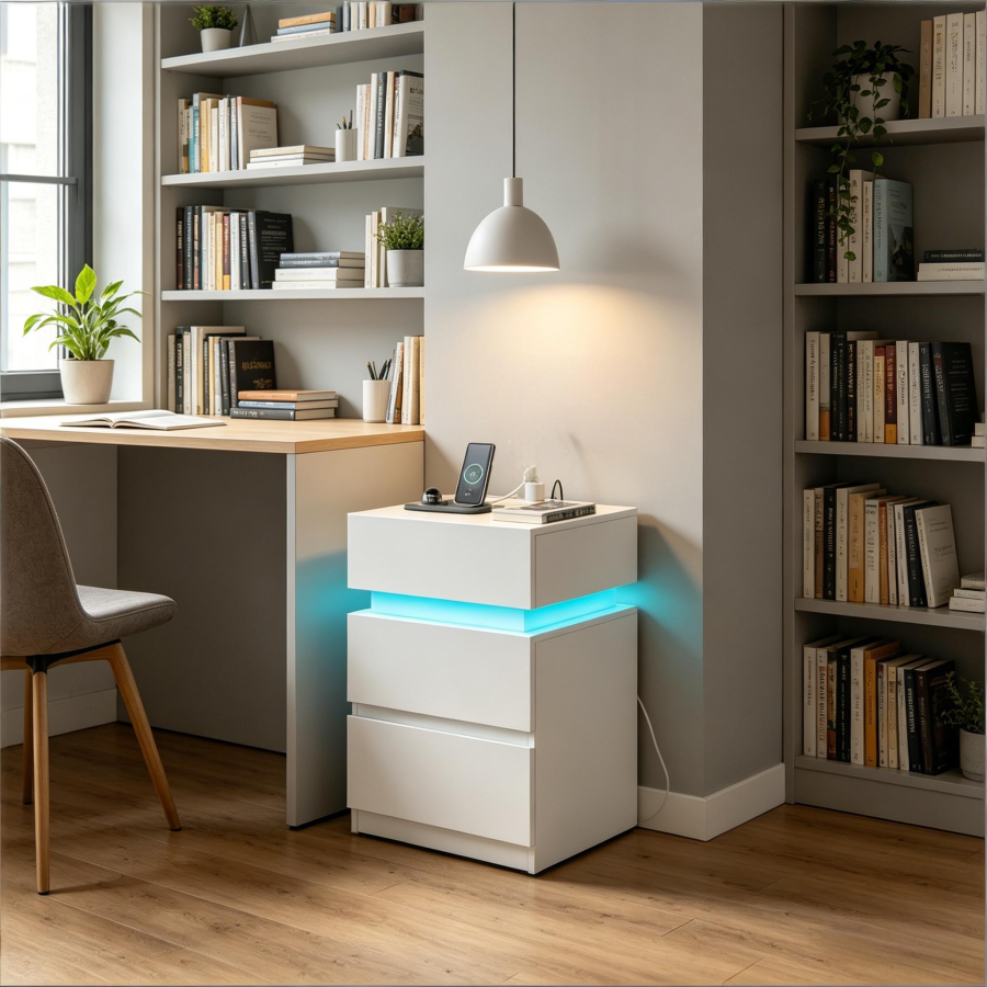 Mesita de noche con carga y LED set de 2 blanca 55x40x35cm