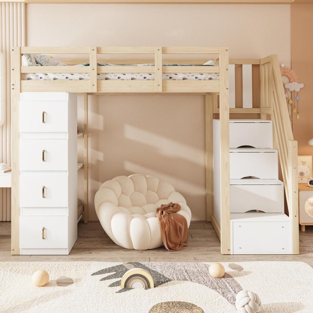 Cama alta infantil 90x200cm con escalera, cajones, estantes, natural
