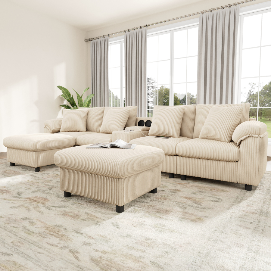 Sofá modular en u o l pana beige 4-6 plazas con 2 pufs