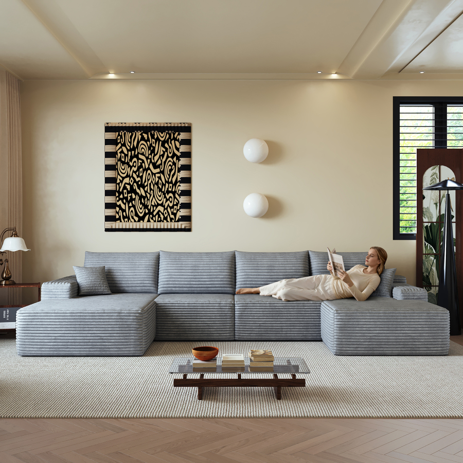 Sofá modular en l tela gris con chaise longue asiento profundo