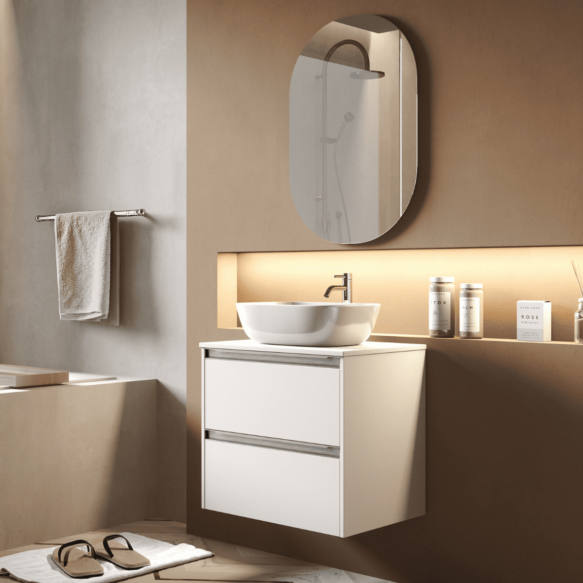 Mueble baño f.red. | lavabo sob. | 2 cajones | 80 cm blanco mate tir. Cromo