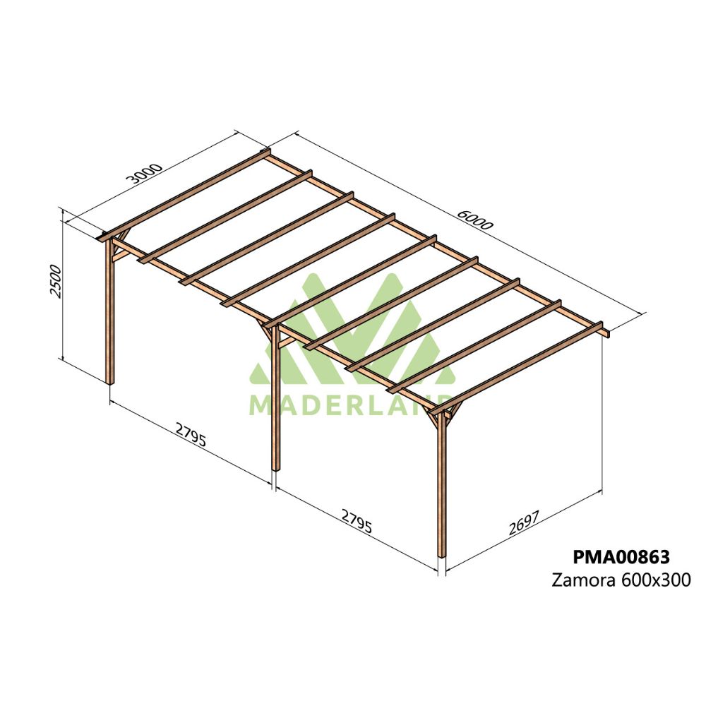 Pérgola de madera maciza adosada - zamora ad. 600x300cm (maderland)