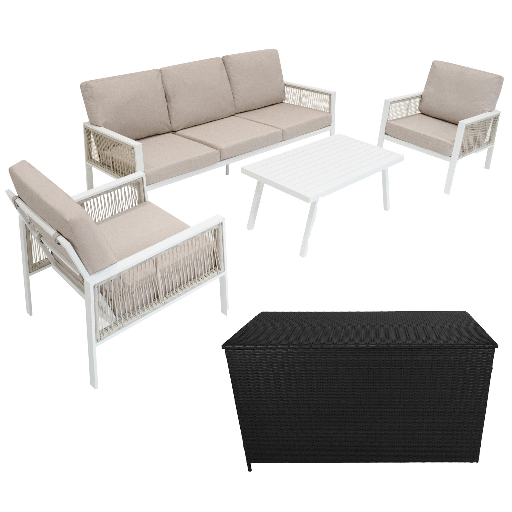 Conjunto de aluminio 5 plazas (4piezas) blanco + caja en ratán negro 582l