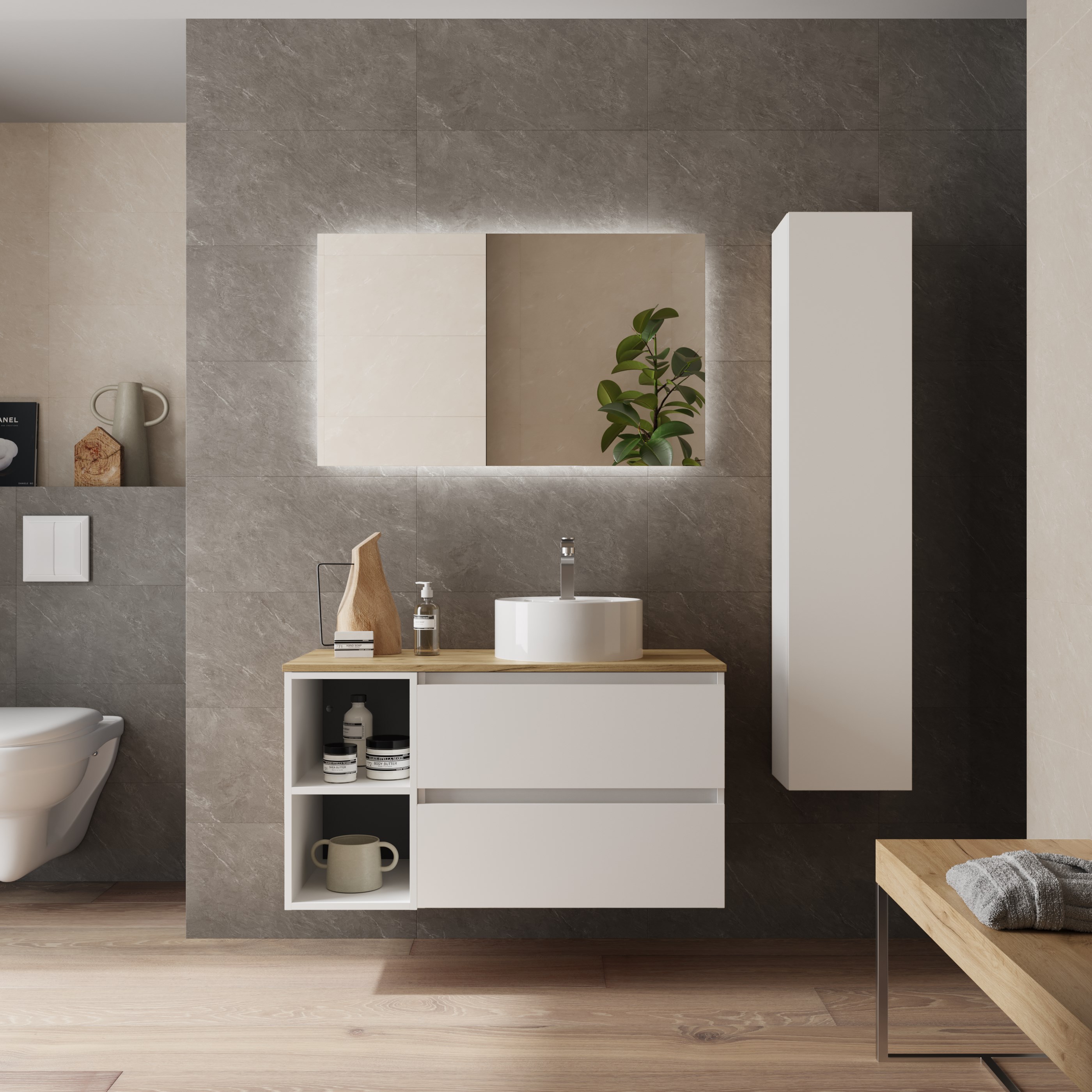 Mueble baño bequia 100cm +coqueta reversible + encimera + lavabo | blanco